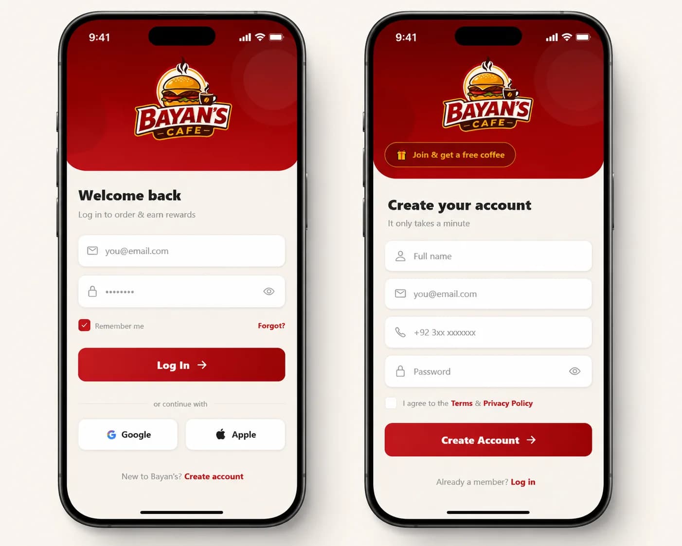 Bayan’s Cafe — Mobile App — Login & Sign Up