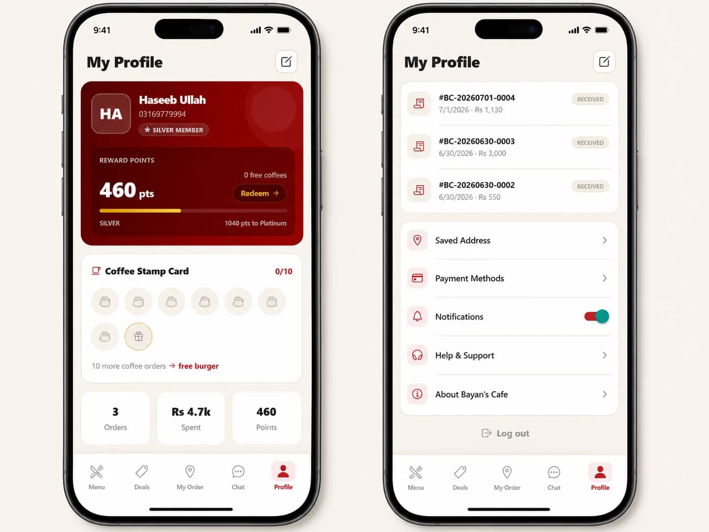 Bayan’s Cafe — Mobile App — Profile & Rewards