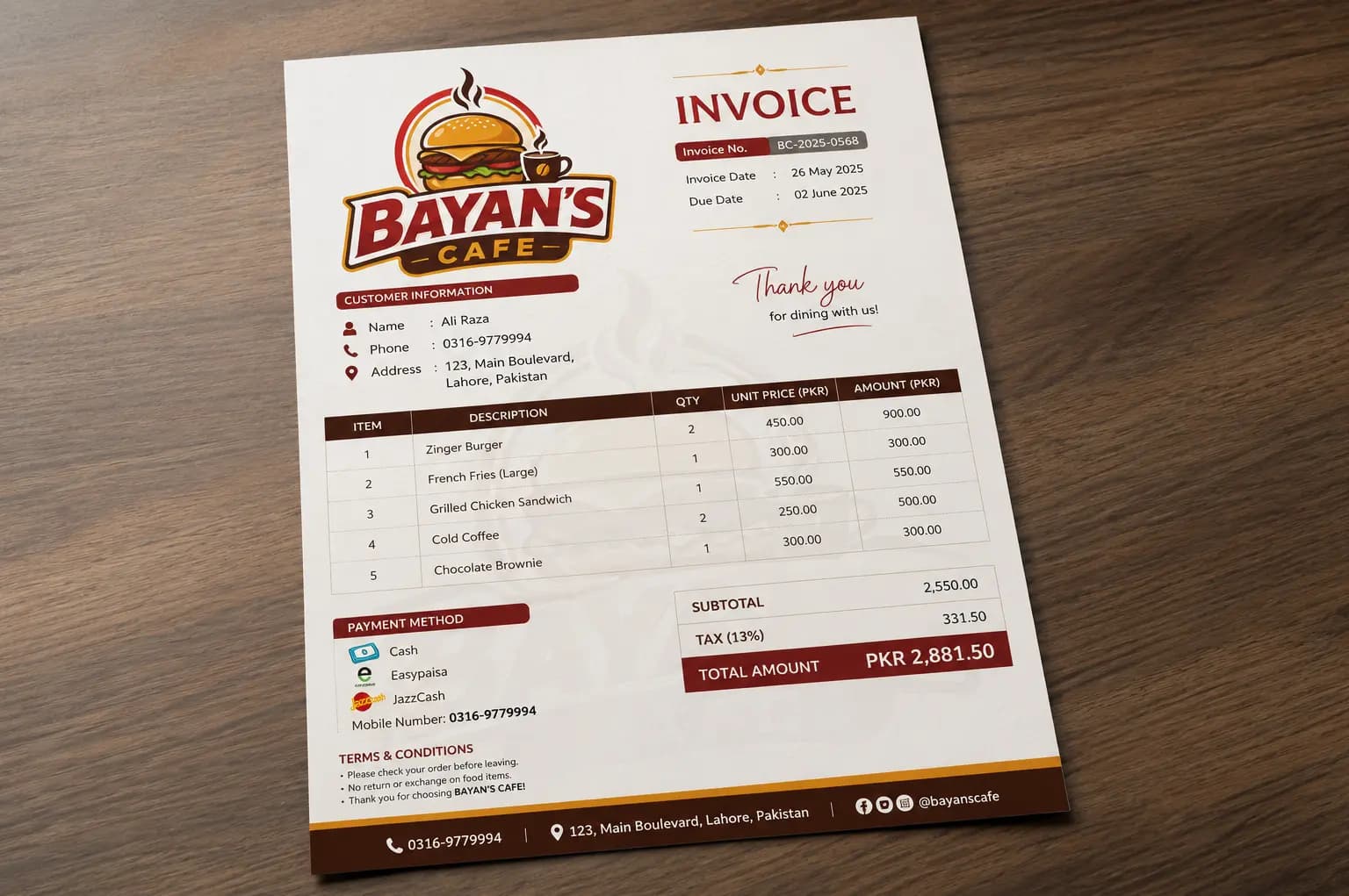 Bayan’s Cafe — Full Branding Kit — Invoice